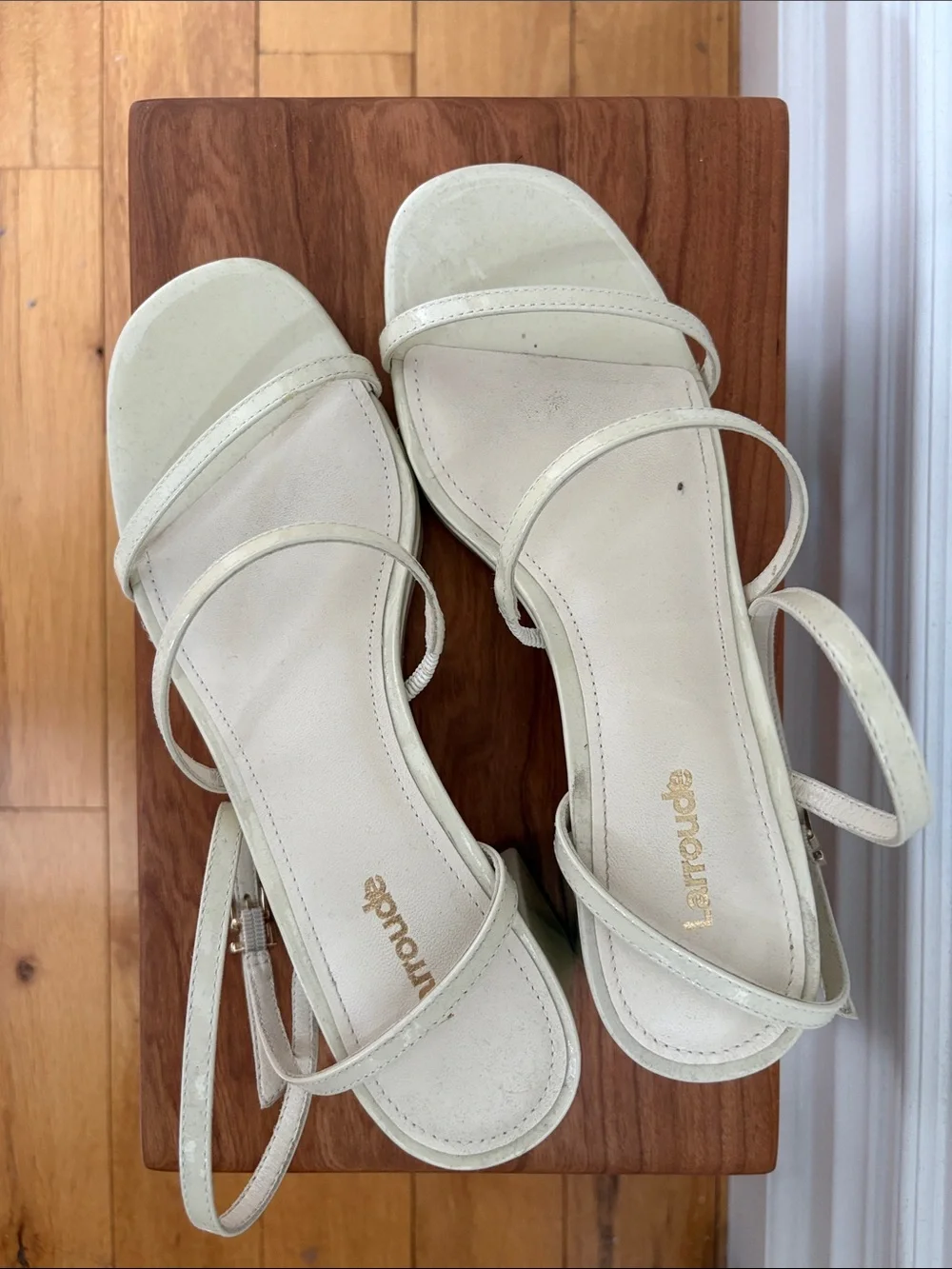 Larroude Cream Strappy Block Heel Sandals